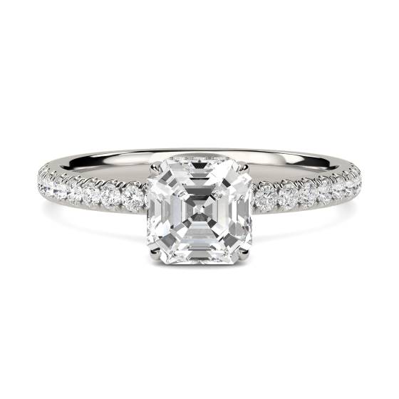 Asscher Diamond High Set Hidden Halo Shoulder Set Ring