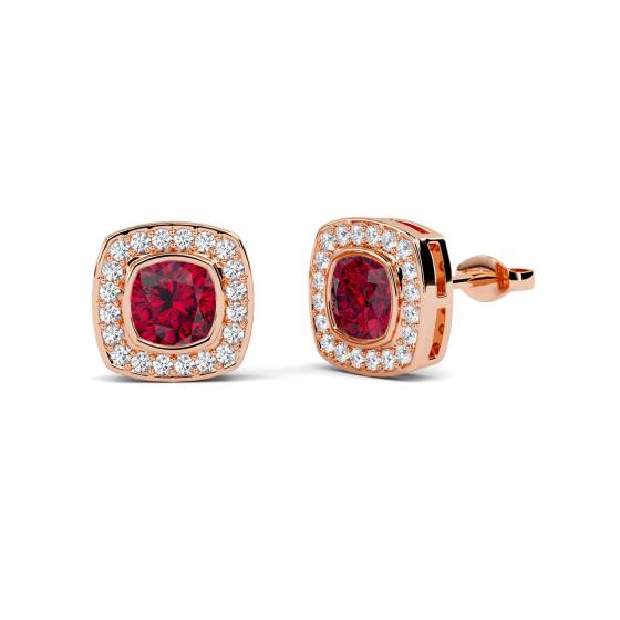 Cushion Ruby and Diamond Bezel Set Cluster Earrings