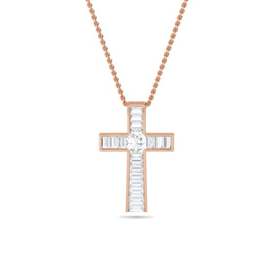 Round and Baguette Diamond Cross Pendant