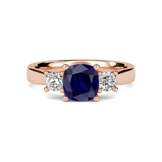 Blue Sapphire Cushion Diamond Trilogy Ring