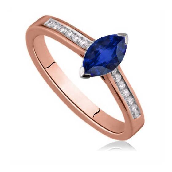 Two Prong Marquise Blue Sapphire and Round Shoulder Set Ring