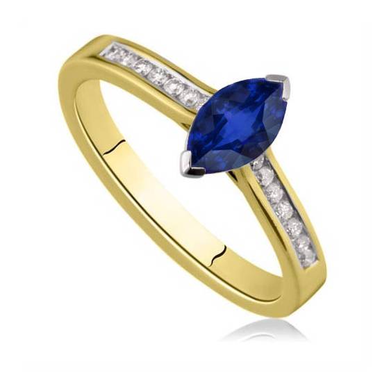Two Prong Marquise Blue Sapphire and Round Shoulder Set Ring