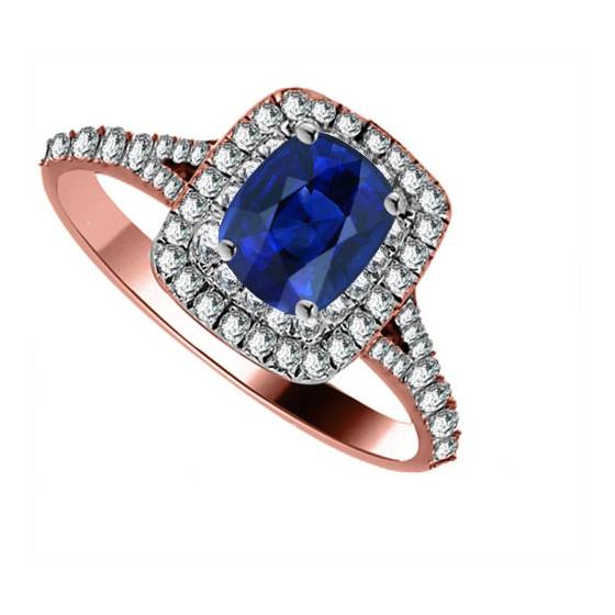 Cushion Blue Sapphire and Diamond Double Halo Shoulder Set Ring
