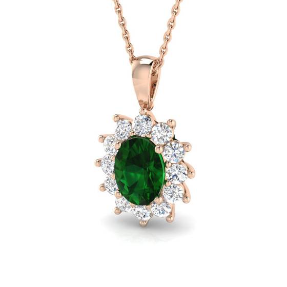 Oval Green Emerald and Round Labgrown Diamond Set Cluster Pendant