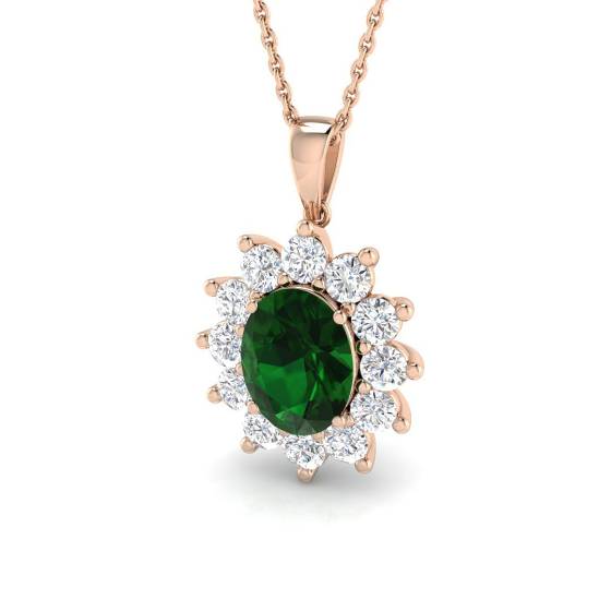 Oval Green Emerald and Round Labgrown Diamond Set Cluster Pendant