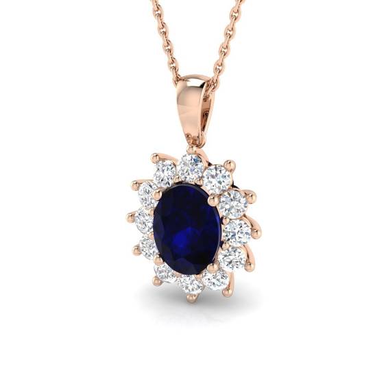 Oval Blue Sapphire and Round Labgrown Diamond Set Cluster Pendant