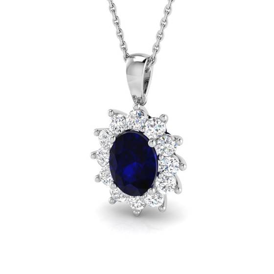 Oval Blue Sapphire and Round Labgrown Diamond Set Cluster Pendant