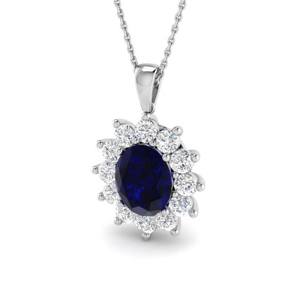 Oval Blue Sapphire and Round Labgrown Diamond Set Cluster Pendant