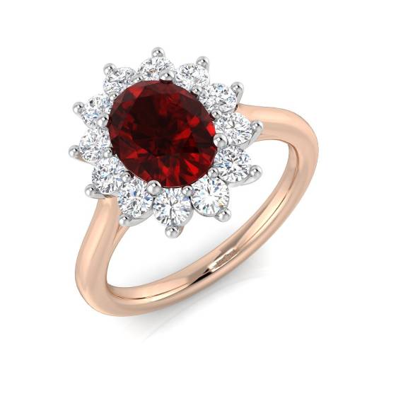 Oval Red Ruby and Round Labgrown Diamond Set Cluster Ring