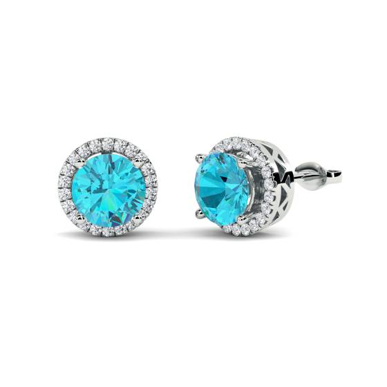 Round Shaped Aquamarine and Diamond Cluster Earrings