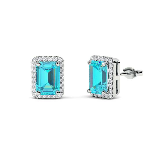 Emerald Shaped Aquamarine and Diamond Cluster Earrings