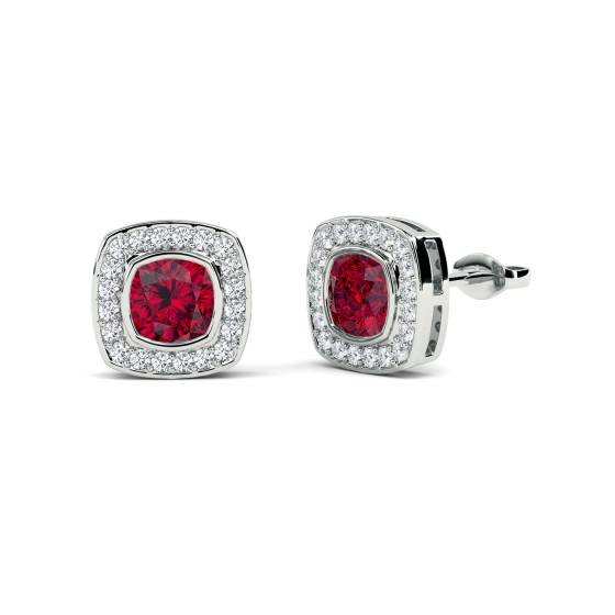 Cushion Ruby and Diamond Bezel Set Cluster Earrings