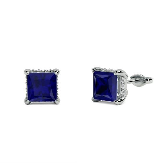 Princess Blue Sapphire Diamond Earrings