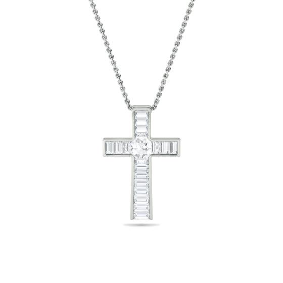 Round and Baguette Diamond Cross Pendant