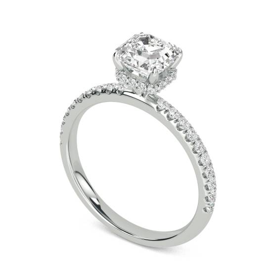 Asscher Diamond High Set Hidden Halo Shoulder Set Ring