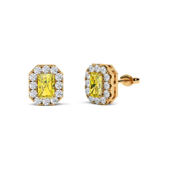 Fancy Yellow Radiant Diamond Halo Earrings
