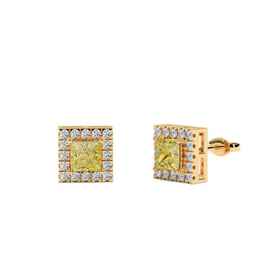 Fancy Yellow Princess Diamond Halo Earrings