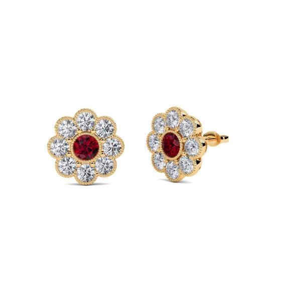 Round Ruby and Diamond Bezel Set Cluster Earrings