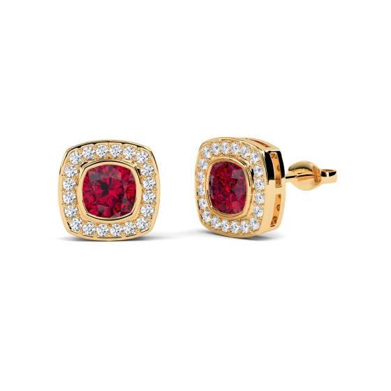 Cushion Ruby and Diamond Bezel Set Cluster Earrings