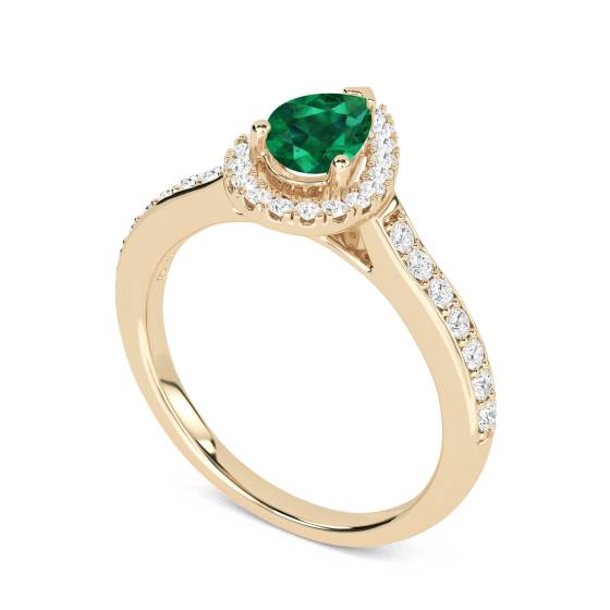 Green Emerald Pear Shaped Diamond Single Halo Shoulder Set Ring