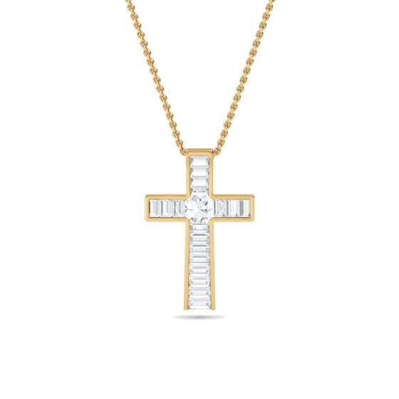 Round and Baguette Diamond Cross Pendant