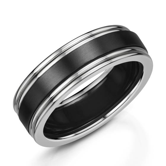 Zedd 7mm Duo Black Zirconium Ridged Edge Plain Wedding Band