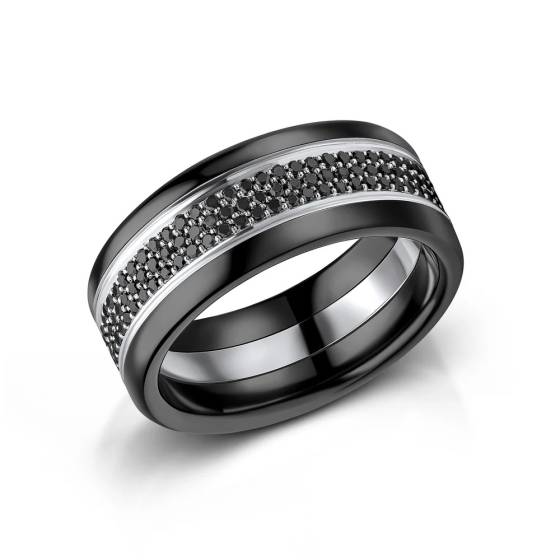 Zedd 9mm 3 Row Full Black Diamond Set Zirconium Wedding Band