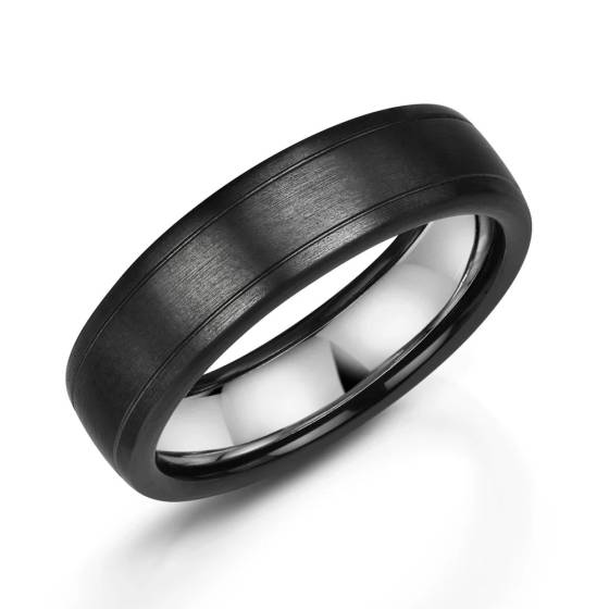 Zedd 6mm Pure Plain Black Zirconium Wedding Band With Double Diamond Cut Pattern