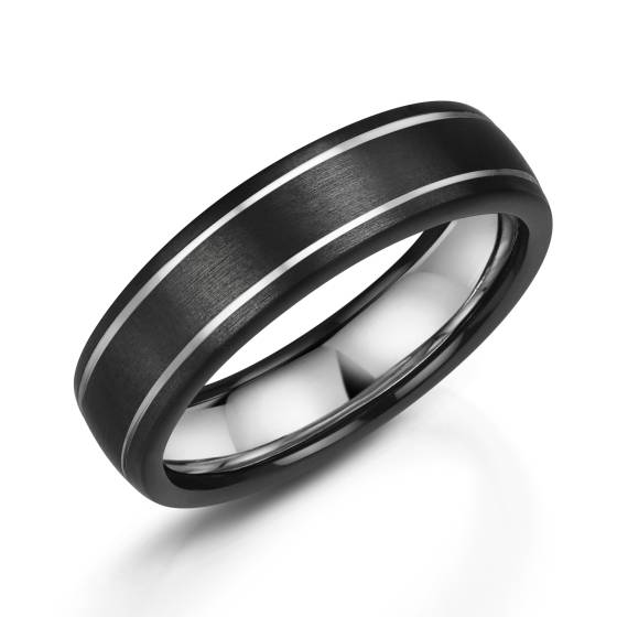 Zedd 6mm Pure Plain Black Zirconium Wedding Band With Double Diamond Cut Pattern